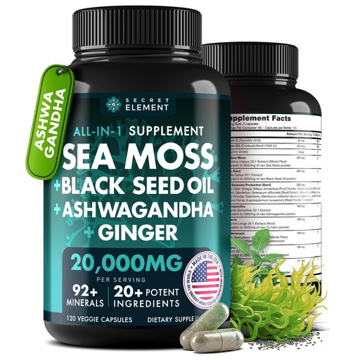 [BRSRAADQBN4AE3I6] Secret Element Irish Sea Moss Black Seed Oil Ashwagandha Ginger, 20,000mg Capsules, Seamoss Black Seed Oil Ashwagandha Burdock Root, All in One Supplement, 120 Capsules