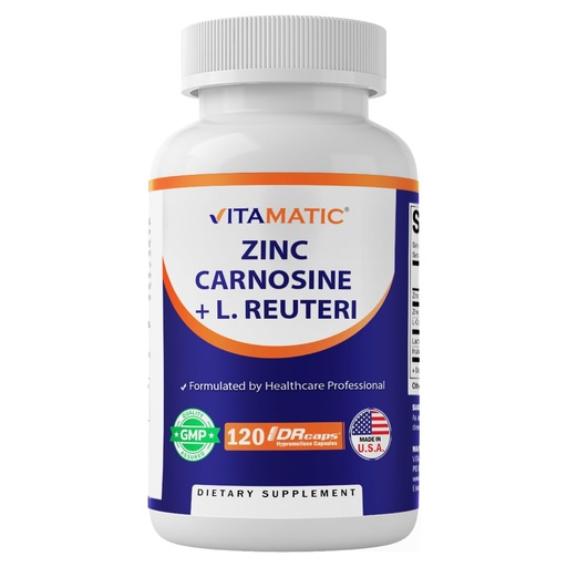 [BRSRGGQZOYMWG2TV] Vitamatic Zinc Carnosine with L. Reuteri 10 Billion CFU & Prebiotic Inulin 264 mg Digestive & Gut Health Support* - GI Tract Supplement – 120 Delayed-Release Capsules