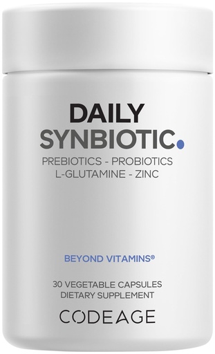 [BRSREGT6B4HRUAD6] Codeage Daily Synbiotic Supplement - Prebiotics, Lactobacillus & Bifidobacterium Probiotics, L-Glutamine, Zinc L-Carnosine, DGL, Synbiotic Probiotic, BioPerine - Shelf-Stable - 30 Capsules