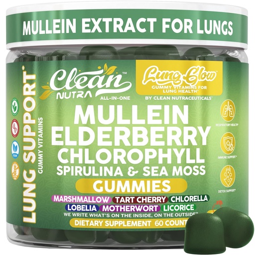 [BRSREAQTOR6QK3Y6] Clean Nutra Mullein Gummies for Lung Health Support with Elderberry Chlorophyll Spirulina Tart Cherry Sea Moss Vitamin C Lutein Marshmallow Root Licorice Root Superfood Greens Mucus Relief 60 Gummies