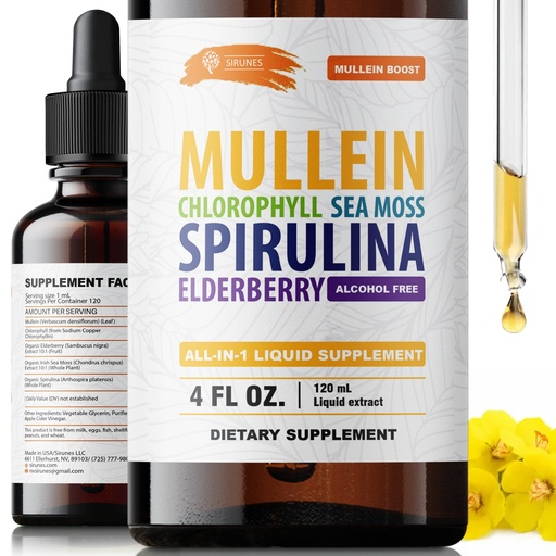 [BRSREZT7DEMB63LK] SIRUNES Mullein Herbal Drops with Chlorophyll, Irish Sea Moss, Spirulina & Elderberry – 4 fl oz – Daily Respiratory & Immune Wellness Supplement