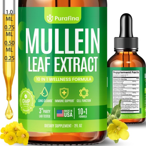 [BRSREZT6AEBQYE3Z] Mullein Drops For Lungs, 10-in-1 Mullein Leaf Extract for Lung Cleanse with Chrolophyll, Sea Moss, Spirulina, Elderberry Organic Respiratory Health Lung Detox - USA Made Mullin Supplement (1 Bottle)