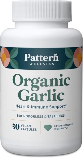 [BRSW2HT4A56RGDYY] Pattern Wellness Odorless Organic Garlic – 1000mg – Immune, Circulatory & Heart Health Support – Non-GMO & Gluten Free – 30 Vegan Capsules