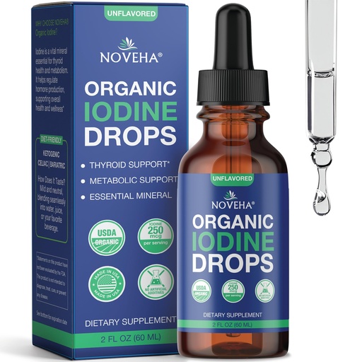 [BRSREFABAEMGCGTO] NOVEHA Organic Iodine Drops for Thyroid Health & Metabolism Support - Potassium Iodide Liquid Supplement, 250 mcg per Serving, USDA Organic, Vegan, Non-GMO, Gluten-Free | 30-Month Supply - 2 Fl Oz