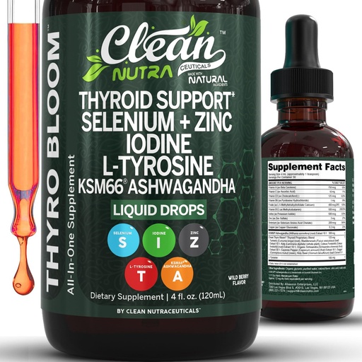 [BRSREFAKCQORQC3K] ThyroBloom Thyroid Support for Women Liquid Drops Iodine L-Tyrosine Selenium Copper Ashwagandha Zinc Kelp Bladderwrack Schisandra Guggul Turmeric Vitamin A D3 B12 Folate Supplement by Clean Nutra 4oz