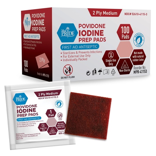 [BRSROGATOYFGOHYY] MED PRIDE Individually Wrapped Iodine Wipes, 10% Povidone Iodine Prep Pads, Alcohol-Free Antiseptic for Wounds (100 Count)