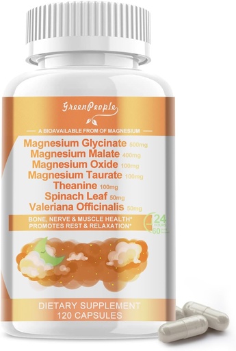 [BRSRAGQKOZ6WAD3L] Magnesium Glycinate 500 mg per Serving, with Malate, Taurate & Oxide, Magnesium Supplement for Muscle, Bone,Sleep and Digestion Support, 120 Vegan Capsules, Non-GMO