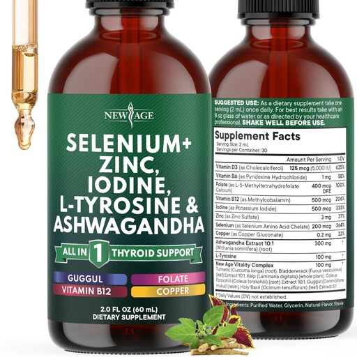 [BRSRGZY5PMMQA2QV] Thyroid Support Drops - Selenium, Zinc, Iodine, L Tyrosine, Ashwagandha, Turmeric, Schisandra Guggu, Cayenne, Basil - Liquid Supplement Folate Copper Alcohol -Free, Vegan, Non-GMO – 2 oz