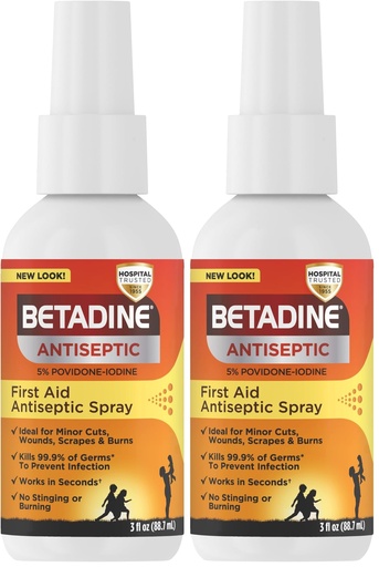 [BRSRGGQNOYFBE2YZ] Betadine Antiseptic First Aid Spray,Povidone-Iodine 5%,Infection Protection,Kills Germs in Minor Cuts Scrapes and Burns,No Sting Promise,No Alcohol or Hydrogen Peroxide,3 FL OZ,(Pack of 2)