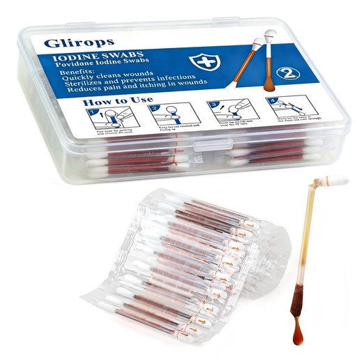 [BRSRGAITBUIRY3I3] 100 Sticks Povidone Iodine Swabsticks - Snap-to-Activate Iodine Swabs for First Aid & Nasal Care, 10% Solution Wound Care Supplies, Individually Wrapped in Reusable Case