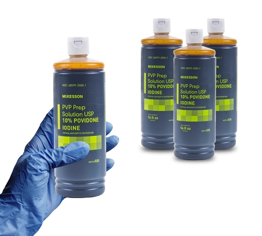 [BRSWYAAPOJ6GAHT6] McKesson PVP Prep Solution. Pack of 12 Povidone Iodine 16 oz. 10% Solution for Venipuncture, Minor Invasive Procedures, Cuts. Non-Irritating and Non-Stinging. Flip-Top Bottle.
