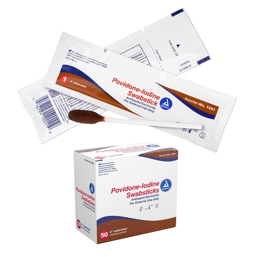 [BRSWI2Y4BAIQI33A] Dynarex Povidone Iodine Swabsticks, Swabstick Packaged in Individual Foil Pack, Antiseptic for Skin Preparation, Brown, 1 Box of 50 Povidone Iodine Swabsticks