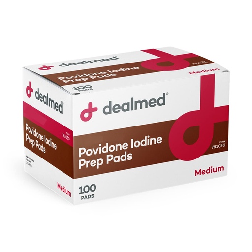 [BRSRMYACCV6WY33Z] Dealmed Povidone Iodine Prep Pad 10% - Individually Sealed Packets Perfect for Wound Care and Portable First Aid Kits, 100/Box (Pack of 1)