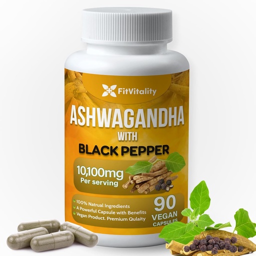 [BRSROHYNOB4BAH3O] Ashwagandha Capsules, 90 Vegan Capsules, 10,100 Mg per Capsule – 100% Natural Ashwagandha Root Extract Powder and Black Pepper Extract, Non-GMO, Gluten-Free