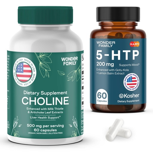 [BRSREYADOR6QKDLU] WONDER FAMILY Maximal Focus Bundle - Choline Bitartrate 500MG for Focus & Memory, 5-HTP Supplement for Energy - 60 5HTP 200MG Capsules, 60 Choline Capsules