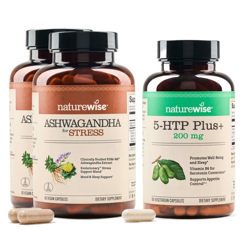 [BRSREFANDIBWCDQ2] NatureWise (Pack of 2) Ashwagandha for Stress + GABA & L-Theanine - 60 Capsules[30-Day Supply] + [1] 5-HTP 200mg + Vitamin B6 - Non-GMO, Vegan - 60 Capsules[60-Day Supply]
