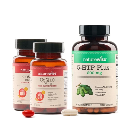[BRSREFABBYFGG3TF] NatureWise (Pack of 2) CoQ10 100mg + Black Pepper, High Absorption - 30 Softgels[30-Day Supply] + [1] 5-HTP 200mg + Vitamin B6 - Non-GMO, Vegan - 60 Capsules[60-Day Supply]