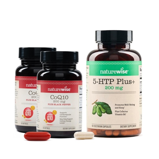 [BRSREFABCAMQKCLL] NatureWise (Pack of 2) CoQ10 200mg + Black Pepper, High Absorption - 30 Softgels[30-Day Supply] + [1] 5-HTP 200mg + Vitamin B6 - Non-GMO, Vegan - 60 Capsules[60-Day Supply]