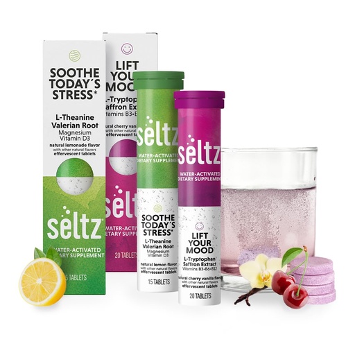 [BRSREH35AUPGGEQ7] Seltz® Stress Less, Smile More Pack - Mood + Stress Support Effervescent Vitamins (Lift Your Mood + Soothe Today’s Stress) with L-Tryptophan, Saffron, L-Theanine, Magnesium & B Vitamins - Zero Sugar