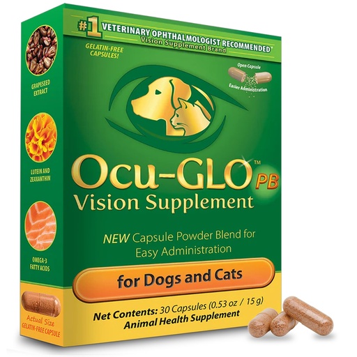 [BRSWGEALOVYA43DK] Ocu-GLO PB Vision Supplement for Small Dogs & Cats – Easy to Administer Powder Blend with Lutein, Omega-3 Fatty Acids, Grape Seed Extract and Antioxidants to Promote Eye Health, 30ct Sprinkle Capsules