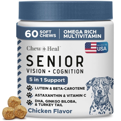 [BRSREGQ2OYHRMFD2] Chew + Heal Labs Senior Dog Vision and Cognition Chews - 60 Soft Chews for Dog Eye Care and Memory - 7-in-1 Multivitamin with Omega Fatty Acids, Vitamins, and Botanicals - Made in the USA