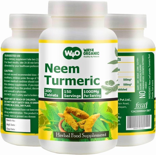 [BRSRAYIOOIMAAH3V] Neem Turmeric Capsules(Tablets) - High-Potency Azadirachta Indica Tablets, Neem Leaves and Turmeric in Equal Ratio - 300 Tablets, 150 Serving, 1000 Mg. Pack of 1.