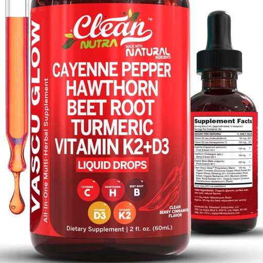 [BRSRAZL4OB7B63LX] Clean Nutra Cayenne Pepper Drops Supplement Liquid + Hawthorn Berry, Vitamin D3 K2 Beet Root Powder, Ceylon Cinnamon, Turmeric Curcumin, Organic Panax Ginseng, Berberine Extract 1 Pack