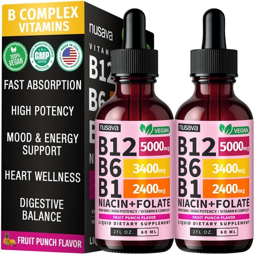 [BRSRAFAPAQPA43A6] (2 Pack) Vitamin B12 and B6 Liquid Drops, B12 Sublingual Vitamin B Complex - B 12 Vitamin 5000mcg - B12 Methylcobalamin for Energy, Brain, and Heart Support with 27,200 mcg, Fruit Punch, 80 Servings