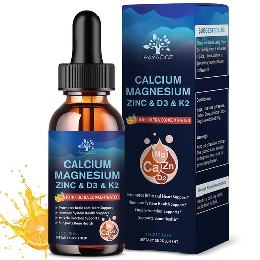 [BRSREADQO55WG23G] (2 Pack) 10 in 1 Magnesium Calcium Zinc Supplement with Vitamin C D3 K2, Glycinate Mag Vegan Liquid Drops Plus L-Theanine Boron Sea Moss Extract, Bone & Immune Support, Orange Flavor, 1 Fl Oz