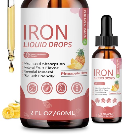 [BRSRGYYEOZ7R4CIU] Iron Supplement Liquid Drops - High Absorption Formula with Vitamins C, B12, B6, Supports Energy, Gentle & Vegan, Suitable for Women, Men & Children, Pineapple Flavor, 60 ml
