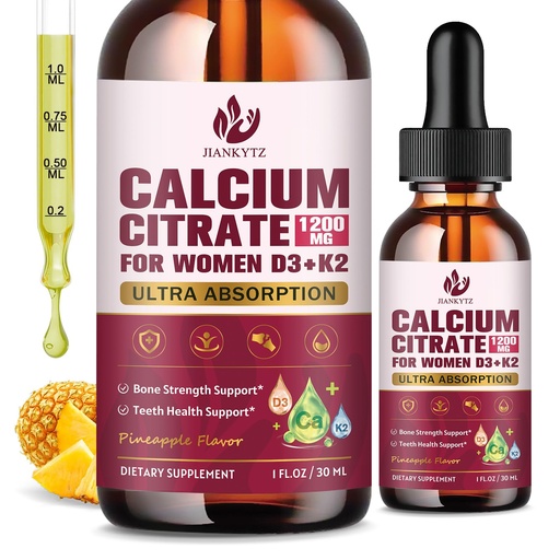 [BRSREZI3BMCAY337] (2 Pack) Calcium Citrate with Vitamin D3 Liquid Drops for Women - Bones, Teeth, Immune Support, 1200mg Calcium Citrate Liquid Drops with Vitamin D3 K2, Vegan, Sugar-Free, 1 Fl Oz