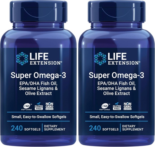 [BRSROBDYDIIR6AAY] Life Extension Super Omega3 EPA / DHA Fish Oil, Sesame Lignans & Olive Extract - Omega 3 Supplement - For Heart Health and Brain Support - Gluten Free, Non-GMO - 240 Easy- to- Swallow Softgels