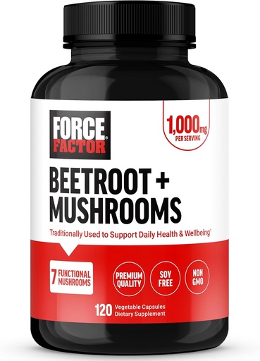 [BRSRA2YECQOQ4H3O] FORCE FACTOR Beetroot + Mushrooms Supplement for Great Health, Beet Root Capsules with 7 Functional Mushrooms, Lion’s Mane, Cordyceps, & More, Soy Free, Non-GMO, 120 Capsules