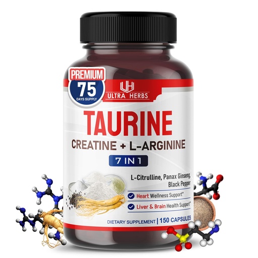 [BRSROGTYOIIBYYA7] Taurine Supplement enriched with Creatine, L-Arginine, L-Citrulline, Panax Ginseng | Taurine Capsules for Heart Wellness, Nervous System, Brain & Eye Health | 150 Capsules