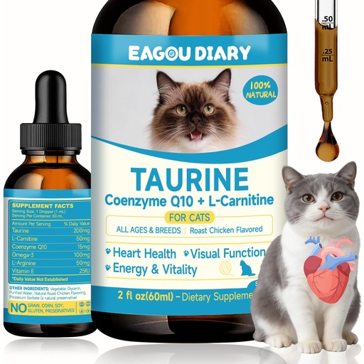 [BRSRGGA2DEHBUAIZ] Taurine for Cats Drop - Taurine Supplement for Cats, Supports Feline Heart & Immune Function, Vision, Energy & Vitality, Coenzyme Q10, L-Carnitine, L-Arginine, Vitamin, Liquid Cat Taurine 60ML