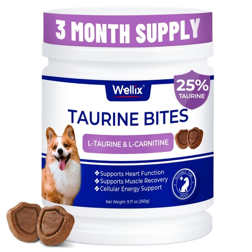 [BRSRGAAHOACWCF36] Wellix 9.17 oz, 25% Taurine for Dogs - Healthy Heart Supplements for Dog Chewable with CoQ10, Fish Oil, Vitamins, L-Carnitine - Heart Muscle Function & Cardiovascular Health, Antioxidant Support