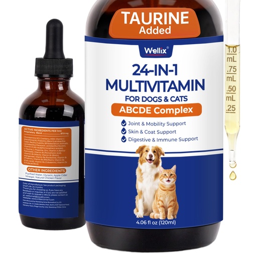 [BRSRGELQBUBGKD34] Wellix 4.06 FL oz 24-in-1 Liquid Multivitamin with Taurine for Dogs & Cats, Pet Vitamins and Supplements with Glucosamine, Cranberry, MSM, Probiotics - Itch&Allergy Relief, Joint Supplement for Pets