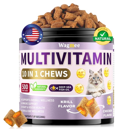 [BRSREAT4OUNBYHTK] Taurine for Cats Vitamins Treats, 10 in 1 Cat Multivitamin with Fish Oil - 500 Crunchy & Creamy Chews Supports Energy, Bone, Joint, Skin & Coat Health, Digestion, Immunity for Cat All Breeds & Ages