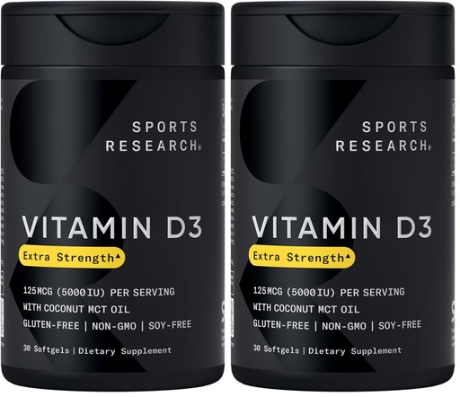 [BRSRGFIFBZ5WYFI6] Sports Research Vitamin D3 5000 IU with Coconut MCT Oil - Extra Strength Vitamin D Supplement - Non-GMO Verified, Gluten & Soy Free – 125mcg, 30 Liquid Softgels (Pack of 2)