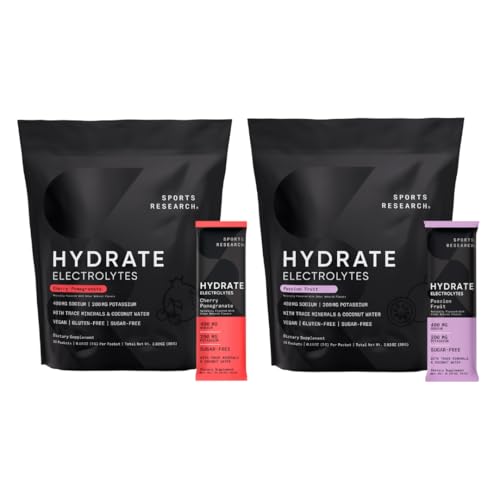 [BRSRAYD6PMDREHL5] Sports Research Hydrate Electrolytes Dynamic Duo - Sugar-Free & Naturally Flavored with Vitamins, Minerals, and Coconut Water - 32 Hydration Packets of Cherry Pomegranate & Passion Fruit