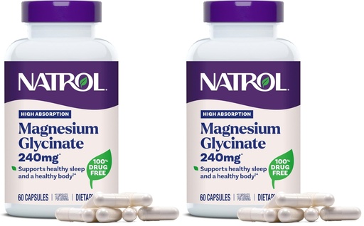 [BRSRGGQLC4MW22DP] Natrol Magnesium Glycinate Supplements 240 mg - High Absorption - Calm Magnesium Glycinate for Sleep - 60 Capsules,30 Day Supply,(Pack of 2)