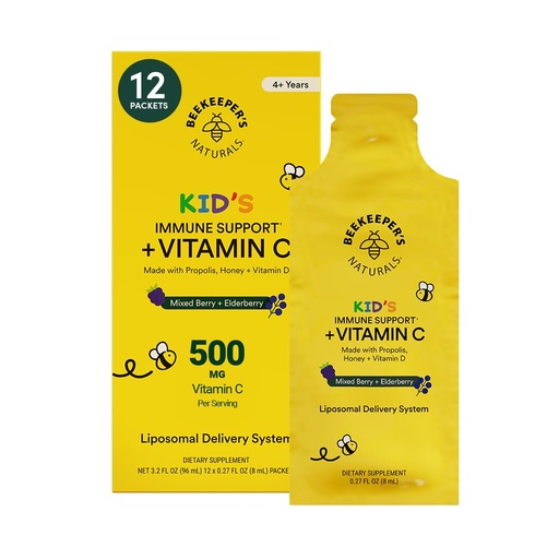 [BRSRAAYPAB4BQG3J] Kid's Immune Liposomal Vitamin C by Beekeeper's Naturals, 500 mg Vitamin C, Elderberry, Vitamin D, Propolis & Honey, Kid-Friendly Immune Support - Mixed Berry Flavor, Easy to Use, Bioavailable, 12 Ct