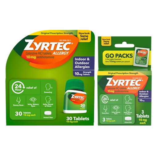 [BRSWYAYCCECBO3TB] Zyrtec 24 Hour Allergy Relief Tablets, Fast-Acting Allergy Medicine for Indoor & Outdoor Allergies, Cetirizine 10 mg Tablet Antihistamine, 30 ct Bottle & 3 Single-Dose Travel Packs Bundle Pack