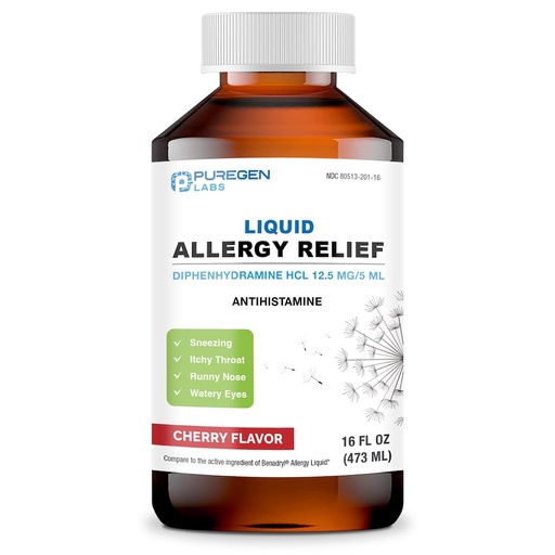 [BRSRO234OYHA4DQ7] Puregen Labs Allergy Relief Oral Solution, Diphenhydramine HCl 12.5mg/5 mL, Antihistamine, Cherry Flavor, 16 Ounces