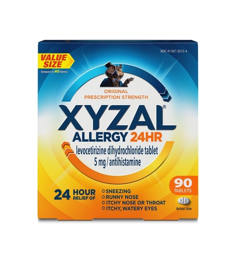 [BRSRGYDYCAPGCETX] Xyzal 24 Hour Allergy Relief Medicine, Original Prescription Strength Antihistamine, Levocetirizine Dihydrochloride Tablets, 5 mg, 90 Count