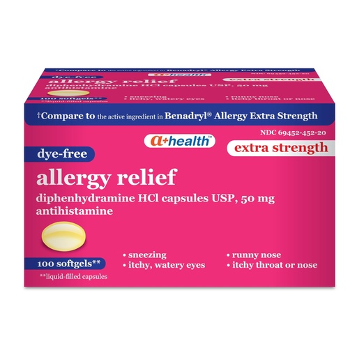 [BRSW2YDQAEAQE2Y4] A+Health Dye-Free Extra Strength Allergy Relief Medicine, Diphenhydramine HCl 50mg Softgels, Antihistamine,100 Count