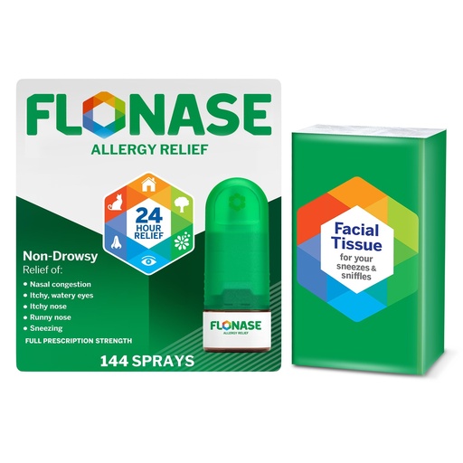 [BRSW2GDYPJYGMF3U] Flonase Allergy Relief Nasal Spray, 24-Hour Non-Drowsy Multi-Symptom Relief � 144 Sprays, Bonus Pack of Tissues