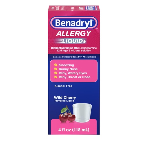 [BRSRAAQYBB6BECAZ] Benadryl Allergy Medicine, Liquid Diphenhydramine HCl Antihistamines for Adults, Alcohol-Free, Hay Fever Allergy Relief for Sneezing, Runny Nose, Itchy & Watery Eyes, Wild Cherry 4 fl oz