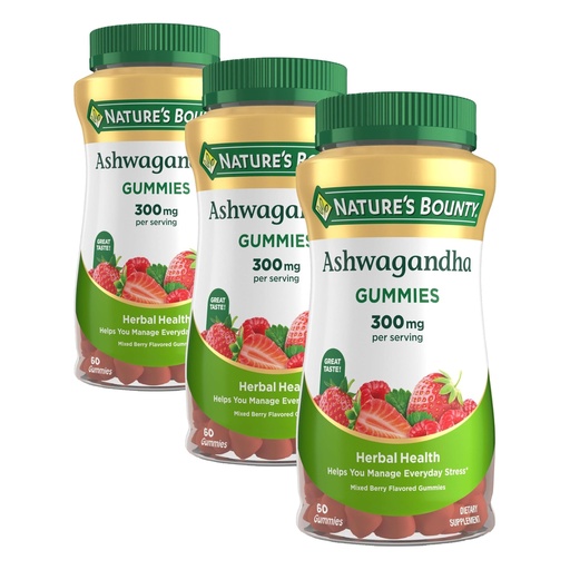 [BRSREBINOUCAOFDP] Nature's Bounty Ashwagandha Gummies, 300mg KSM-66 Ashwagandha Extract, Mixed Berry, 60 Gummies (Pack of 3)