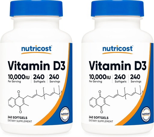 [BRSWKGQYC57GCG3I] Nutricost Vitamin D3 10,000 IU, 240 Soft Gel Caps (2 Bottles)